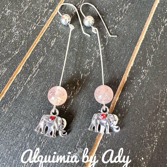 Alquimia Silver and Pink strawberry quartz Elephant Earrings extra long - Picture 1 of 1
